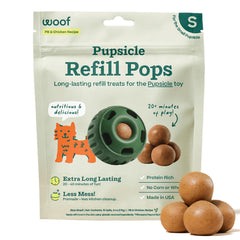 WOOF Pupsicle Refill Pops packaging highlights shelf-stable, long-lasting dog treats.