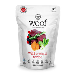 The New Zealand Natural Pet Food Co. WoOF Wild Venison freeze-dried bag for high-protein meals.