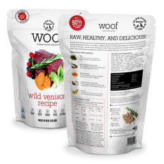 WoOF Wild Venison freeze-dried bites closeup showing rich texture for picky eaters.