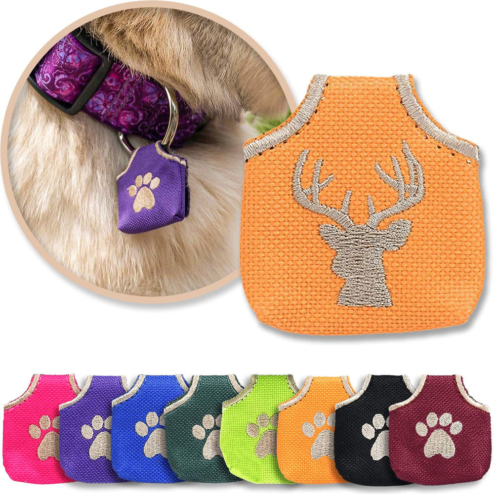 Woofhoof dog tag silencer in orange deer head quiets noisy tags for calmer pets.