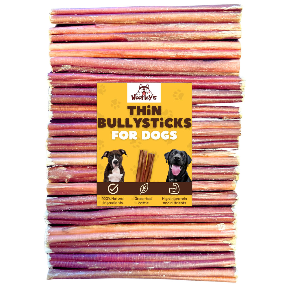Woofley's 6 Inch Bully Sticks for Small Dogs packaging highlights long chew sessions.