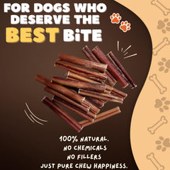 Woofley's bully sticks close-up highlighting single-ingredient beef pizzle for healthy teeth support.