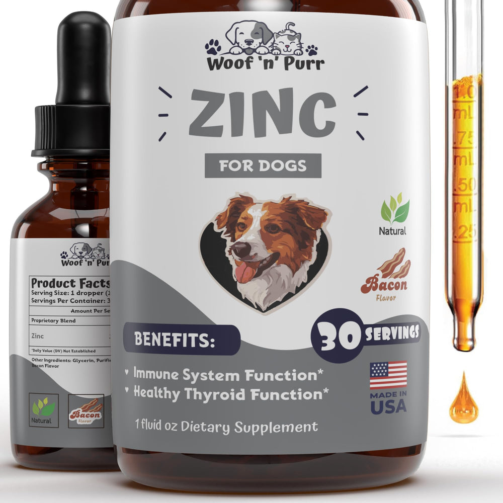 Woof 'n' Purr Zinc for Dogs bottle cap close-up with bacon flavor improving acceptance