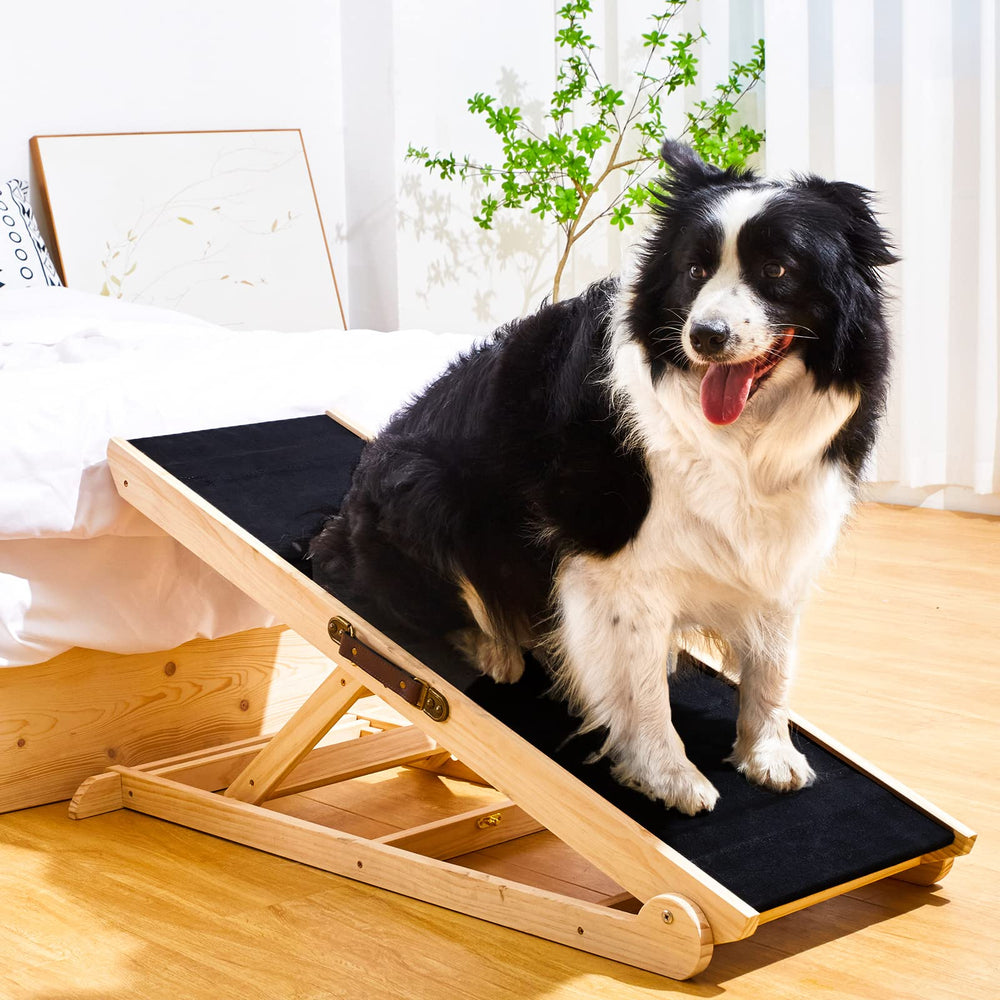 Woohoo Lab dog ramp with anti-slip rubber mat on couch improves pet access.