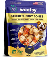 Wootsy chicken-wrapped knotted rawhide bones packaging highlights durable chew