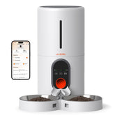 WOPET automatic feeder front view with wifi setup and remote control.