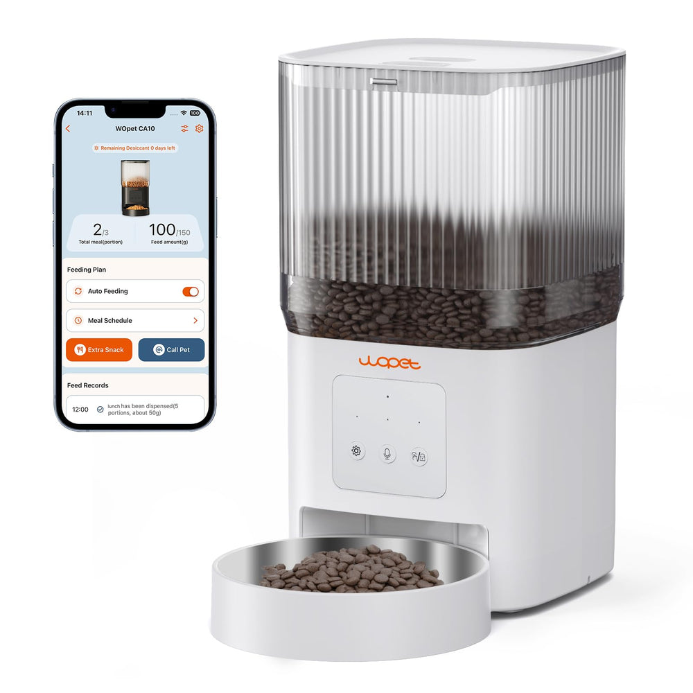 WOPET automatic feeder front view shows sleek design for easy home use and remote feeding.