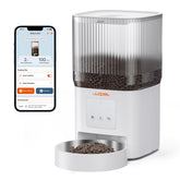 WOPET automatic feeder front view shows sleek design for easy home use and remote feeding.