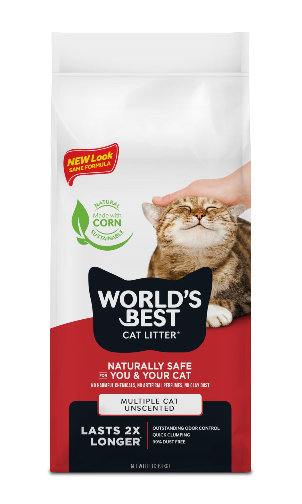 World's Best Cat Litter multi-cat unscented 8lb bag showing powerful odor control for households with multiple cats.