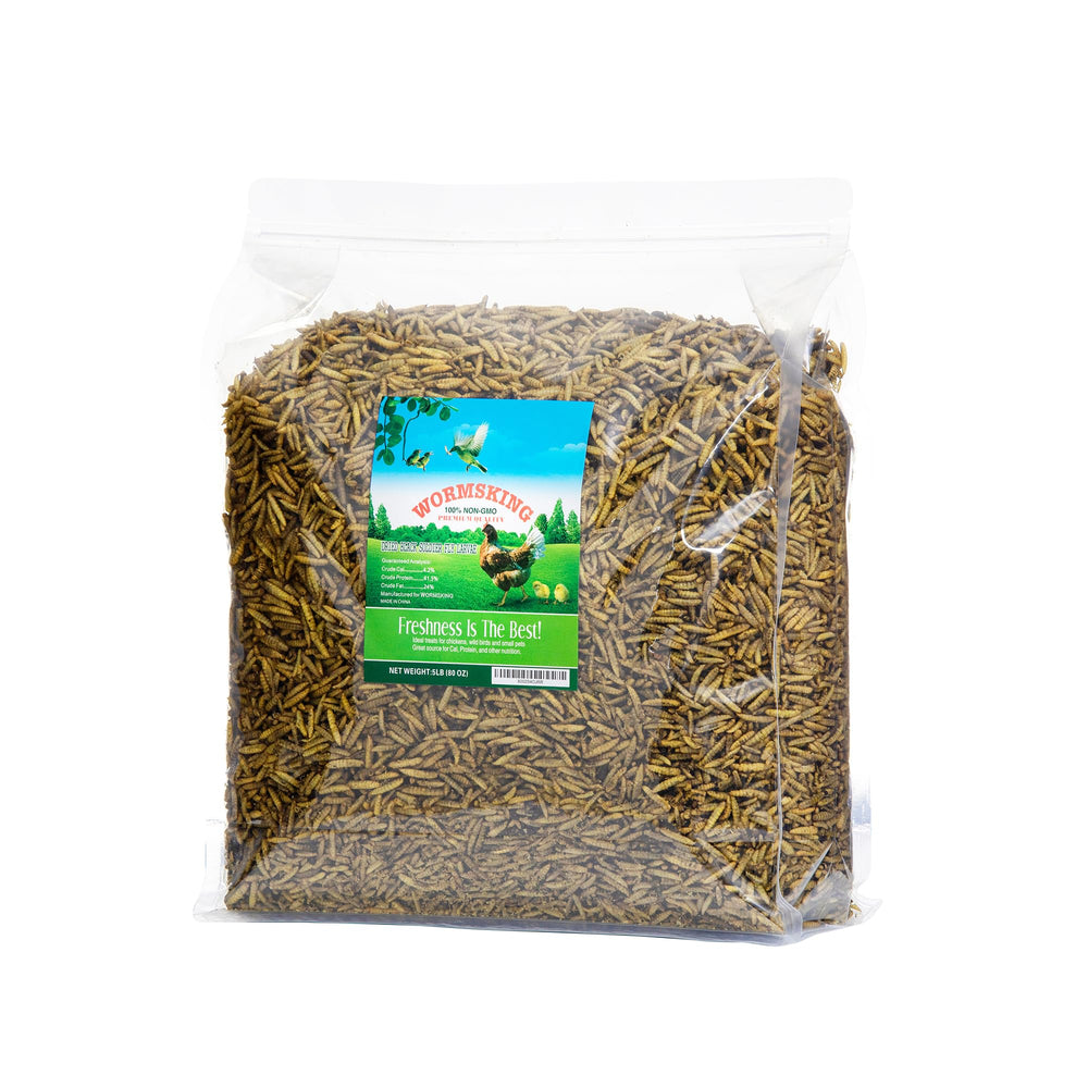 WORMSKING 5lb BSFL bag on shelf showing bulk dry larvae for poultry feed