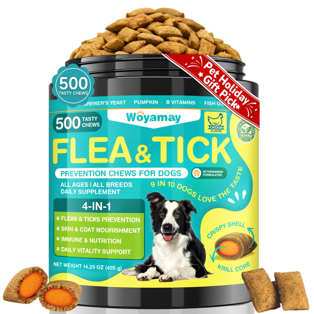 Woyamay 4-in-1 flea and tick chews with chicken flavor for daily protection.