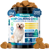 Woyamay hemp calming chews bottle closeup promoting a relaxed mood for dogs