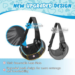 WOYYHO dog sling cyan front detail highlights detachable hard bottom for added support.