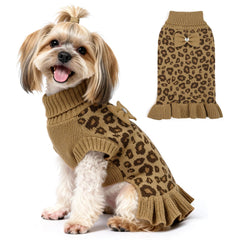 WOYYHO dog sweater dress leopard pleated bowtie provides chic warmth for small breeds.