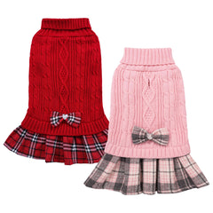WOYYHO girl dog sweater dress pink bowtie, stylish warmth for small breeds.