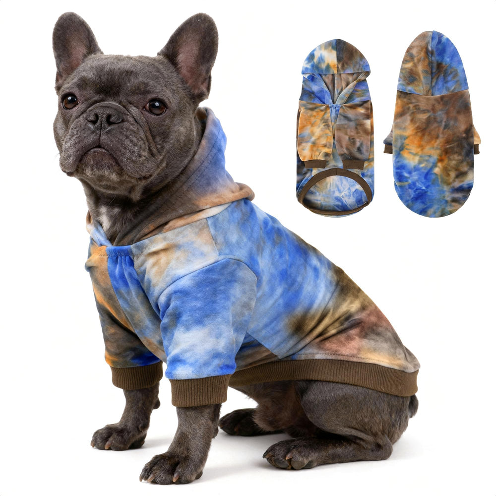 WOYYHO tie-dye dog hoodie front view shows cozy, vibrant everyday wear.