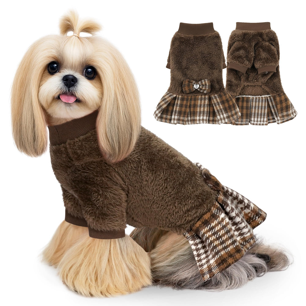 WOYYHO winter dog sweater dress with plaid skirt and bowtie for small dogs; warm and stylish.