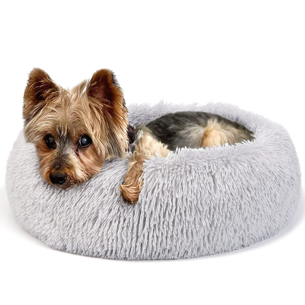 wrkfree extra small donut dog bed outer shell highlights plush grey fur for cozy naps.