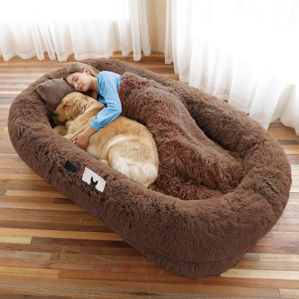 WROS human dog bed setup shows roomy space for you and pet relaxing together.