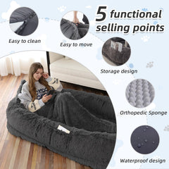 WROS human dog bed side pocket detail demonstrates convenient storage while resting.