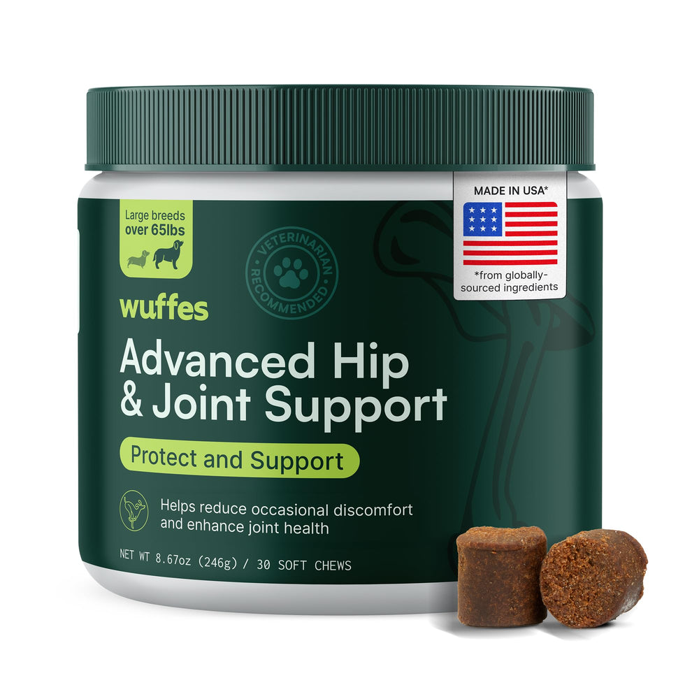 Wuffes Advanced packaging with hip and joint chews supports mobility for large dogs