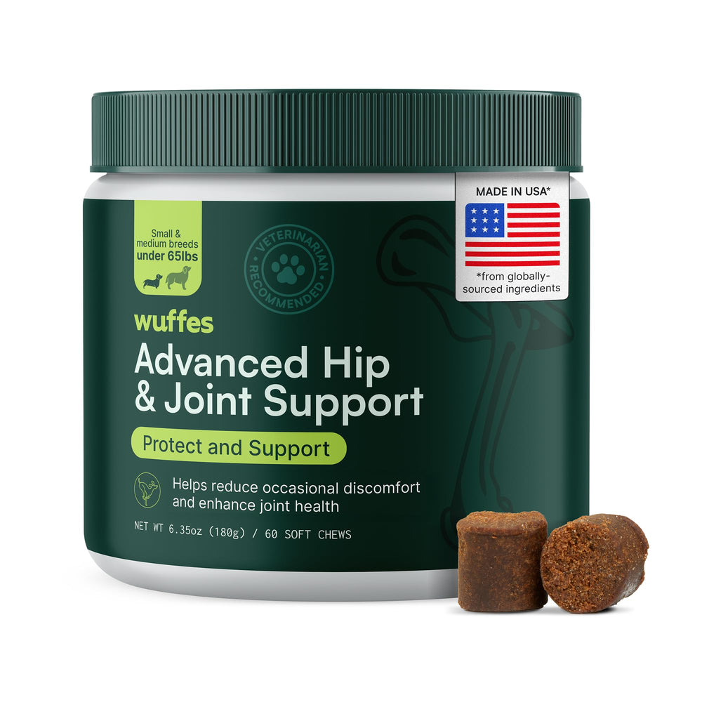 Wuffes Advanced hip-joint chews bottle on table demonstrates mobility support