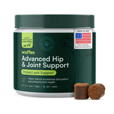 Wuffes Advanced hip-joint chews bottle on table demonstrates mobility support