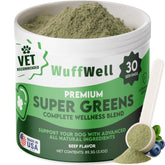 WuffWell Super Greens powder tub for dogs offers daily vitality boost.