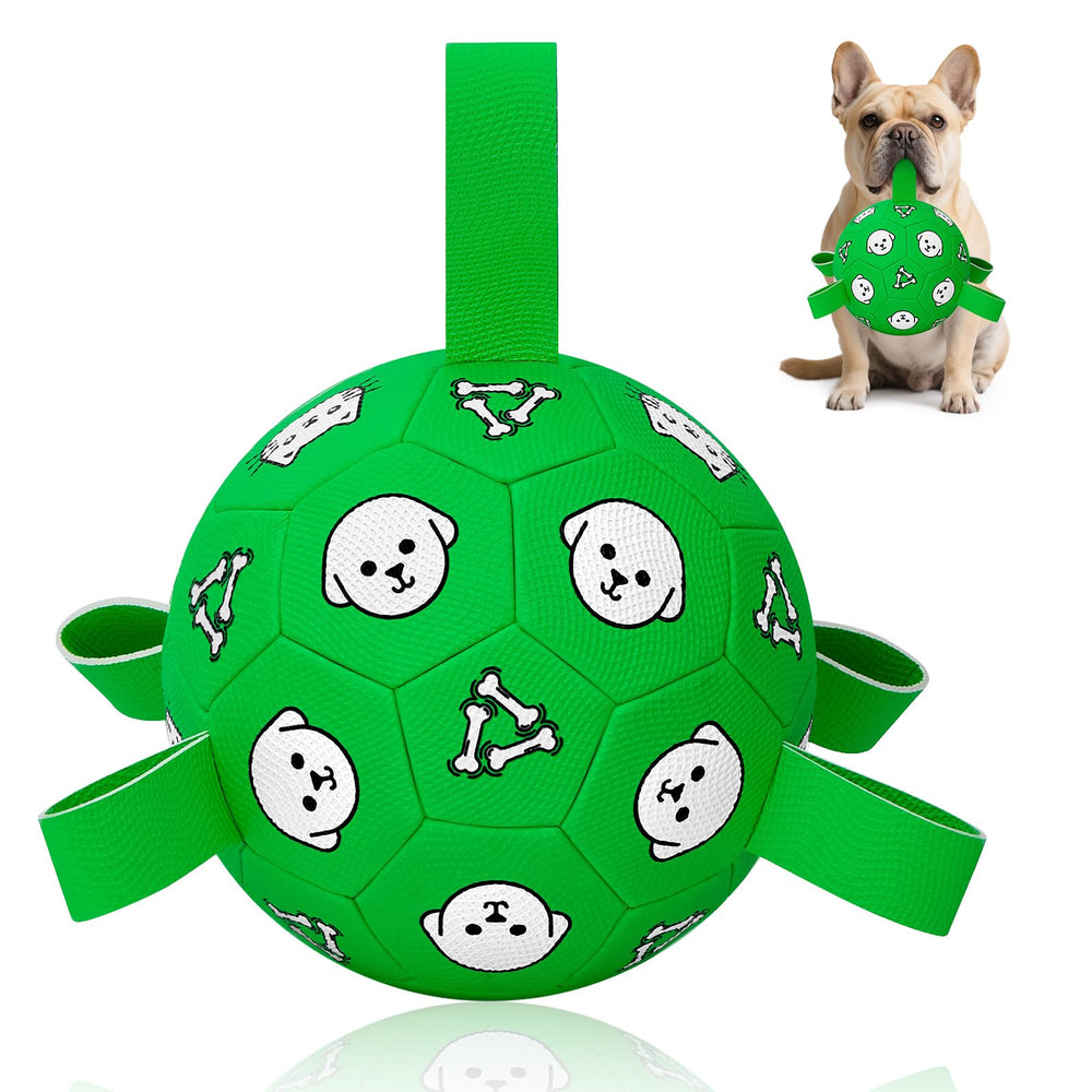 WYNTRIUM dog soccer ball with tabs and pump for quick inflation and easy pickup.