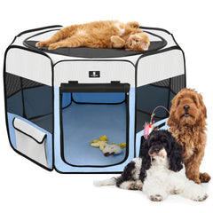 X-ZONE PET dog playpen folded compact for easy storage and travel.