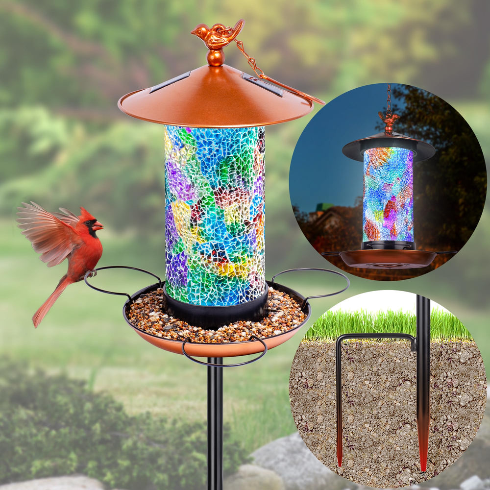 XDW-GIFTS mosaic solar bird feeder in daylight with colorful glass for garden charm.