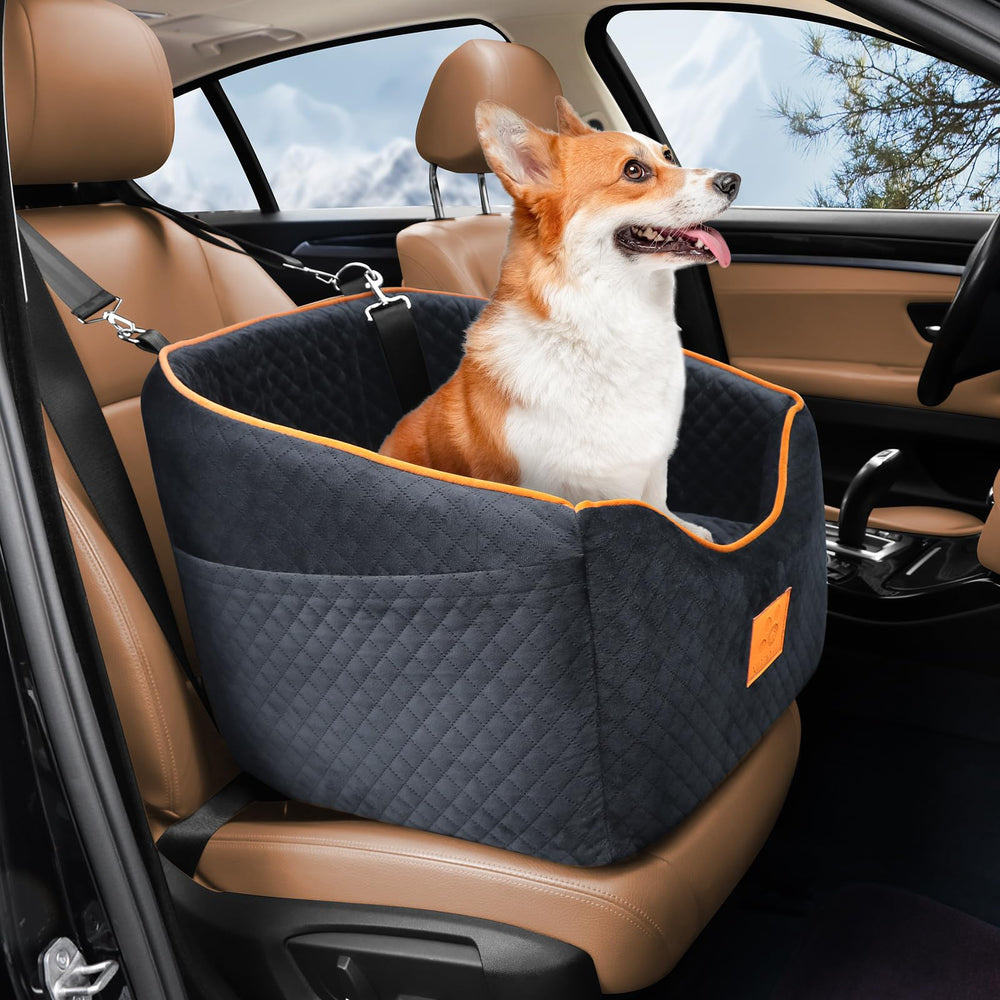 XIEEAOZEE memory foam booster dog car seat for small dogs on road trips.