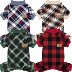 XPUDAC dog pajamas in Christmas plaid, front view, ideal for festive photos.