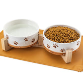 XRBEOU ceramic dog bowls with wooden stand showing elevated feeding height for ergonomic dining