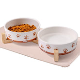 XRBEOU dog bowls with wood stand close-up showing stable, non-slip design.