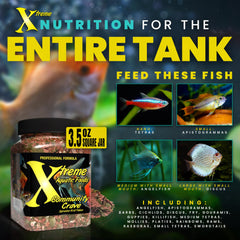 Xtreme Aquatic Foods Crave Flake krill-crumbs-closeup highlights premium protein for digestion and energy.