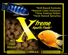 Xtreme Cichlid PeeWee Pellets bottle highlights USA farm-grown nutrition.