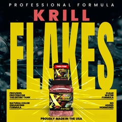 Xtreme Krill Flakes being poured, quick-dissolving for easy feeding action.