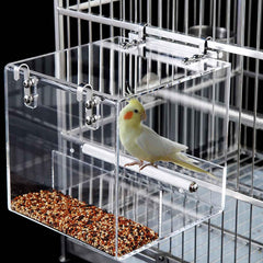 Xxmbbjy automatic acrylic bird feeder on cage, front view, mess-free dining