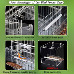 Xxmbbjy clear acrylic bird feeder showing no-mess design for clean cages
