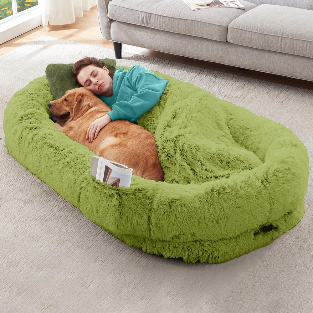YAEM Human Dog Bed cover close-up shows plush faux fur and easy-care design.