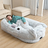 YAEM human dog bed grey setup shows a cozy shared lounging space.