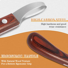 YAHIKI hoof knife with ergonomic wooden handle for reduced fatigue.