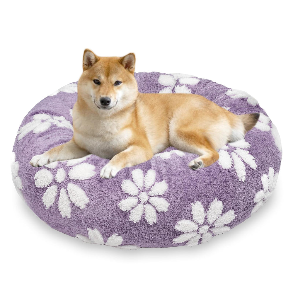Yaning donut dog bed purple 30-inch plush fabric for ultra-soft naps.