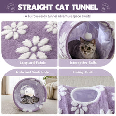 Yaning cat tunnel entrance with hanging balls for batting and pouncing fun