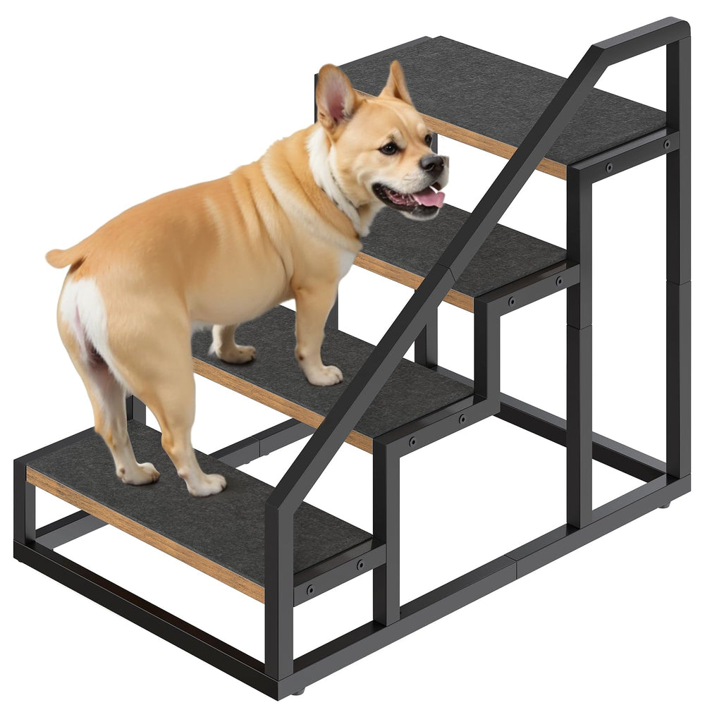 The YATINEY LT01BR 4-step stairs in rustic brown help small dogs reach high beds safely.