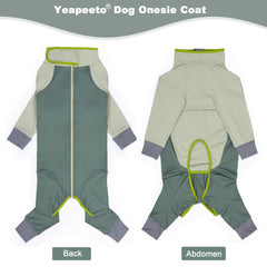 Yeapeeto Dog Onesie Coat in olive-green back view showing full-body protection.