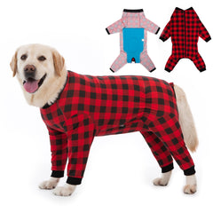 Yeapeeto dog recovery suit full-zip red on dog provides full-body protection during post-surgery recovery.