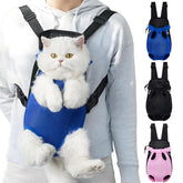 Yehenarn pet carrier backpack front view in blue showing legs-out design for dogs and cats.