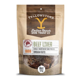 Yellowstone beef liver treats packaging shows a USA-made dog snack ideal for training rewards.